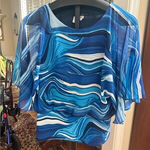 Coco Bianca blouson top in bright blue swirls size M , fits to XL